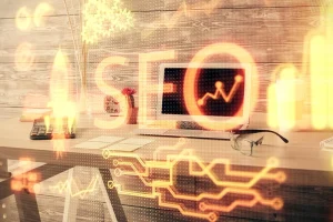 تصویر انتزاعی از میز کا با المانهای بصری طراحی سایت، سئو سایت یعنی چی؟