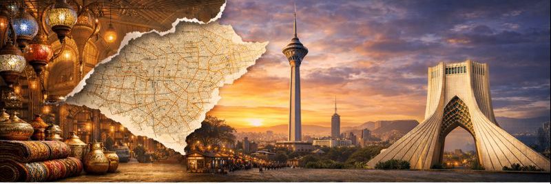 ترکیب بازار سنتی تهران با نمای دور از برج آزادی و برج میلاد و نقشه پاره‌شده تهران، نمایش فضای رقابتی طراحی سایت در تهران